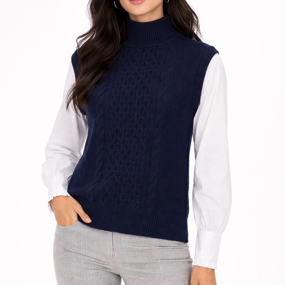 LOFT Sweater Vest Blouse Combo Womens S Navy White Cable Knit Mixed Media Top - Picture 1 of 6